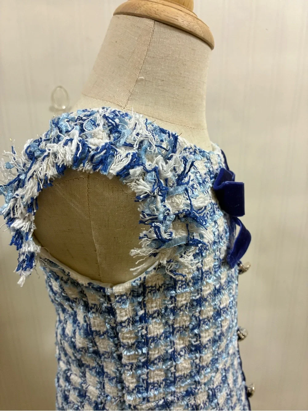 Blue Tweed Girls Dress with Velvet Bow